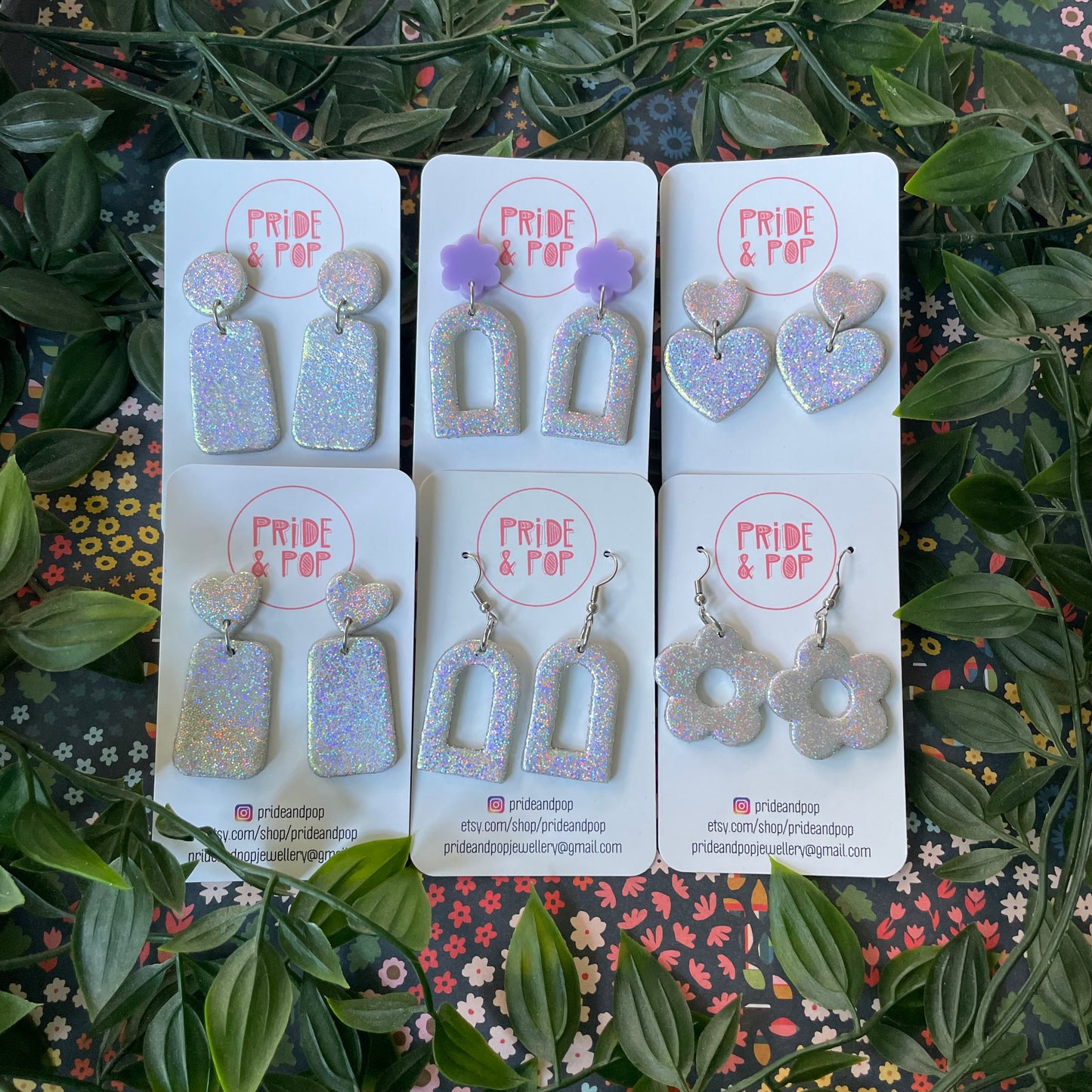 Silver Glitter Dangles with Rainbow Holographic Glitter