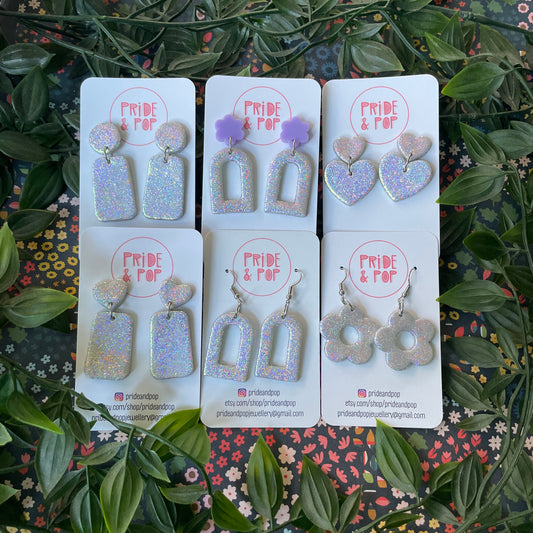 Silver Glitter Dangles with Rainbow Holographic Glitter