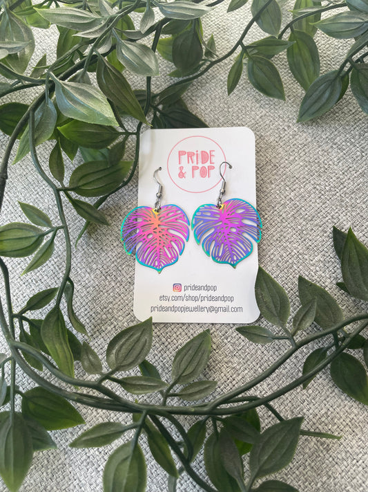 Rainbow Stainless Steel Monstera Dangles