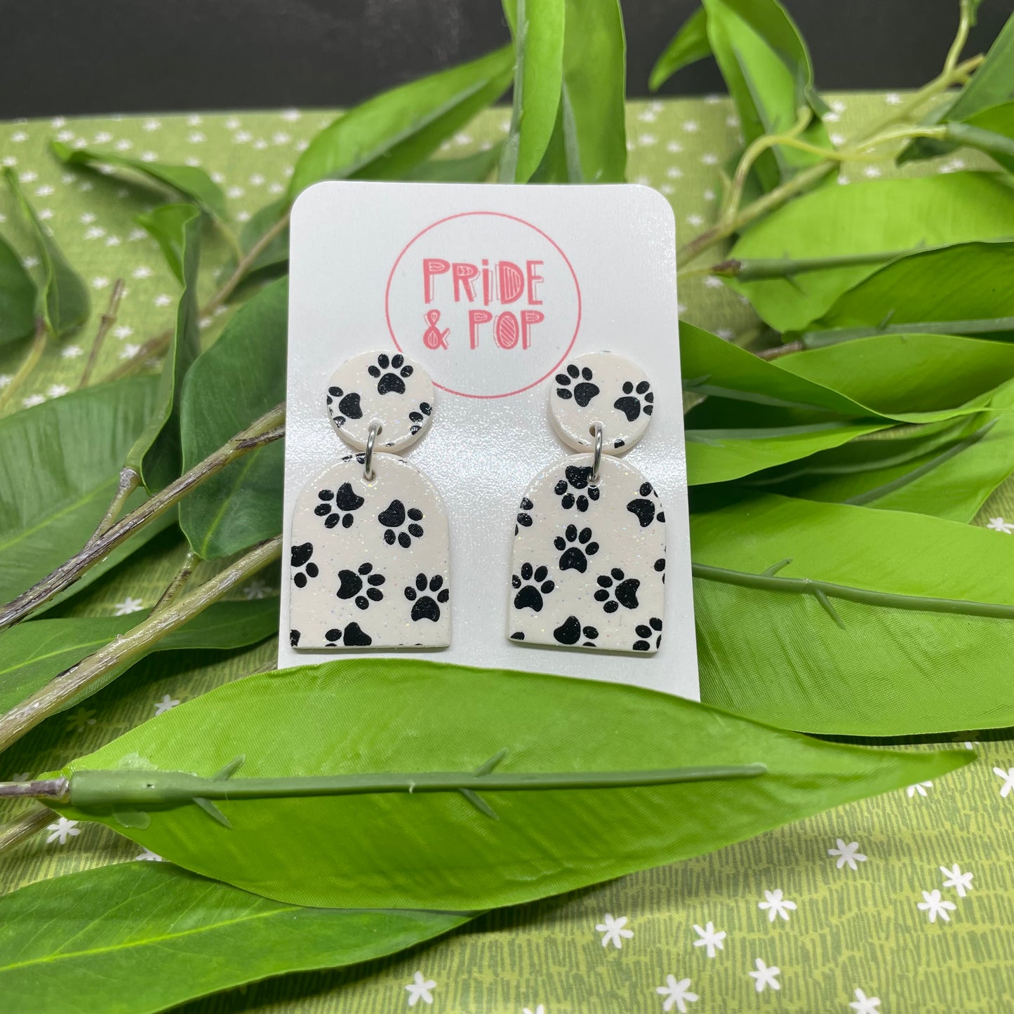 Black and White Glitter Paw Print Dangles and Studs