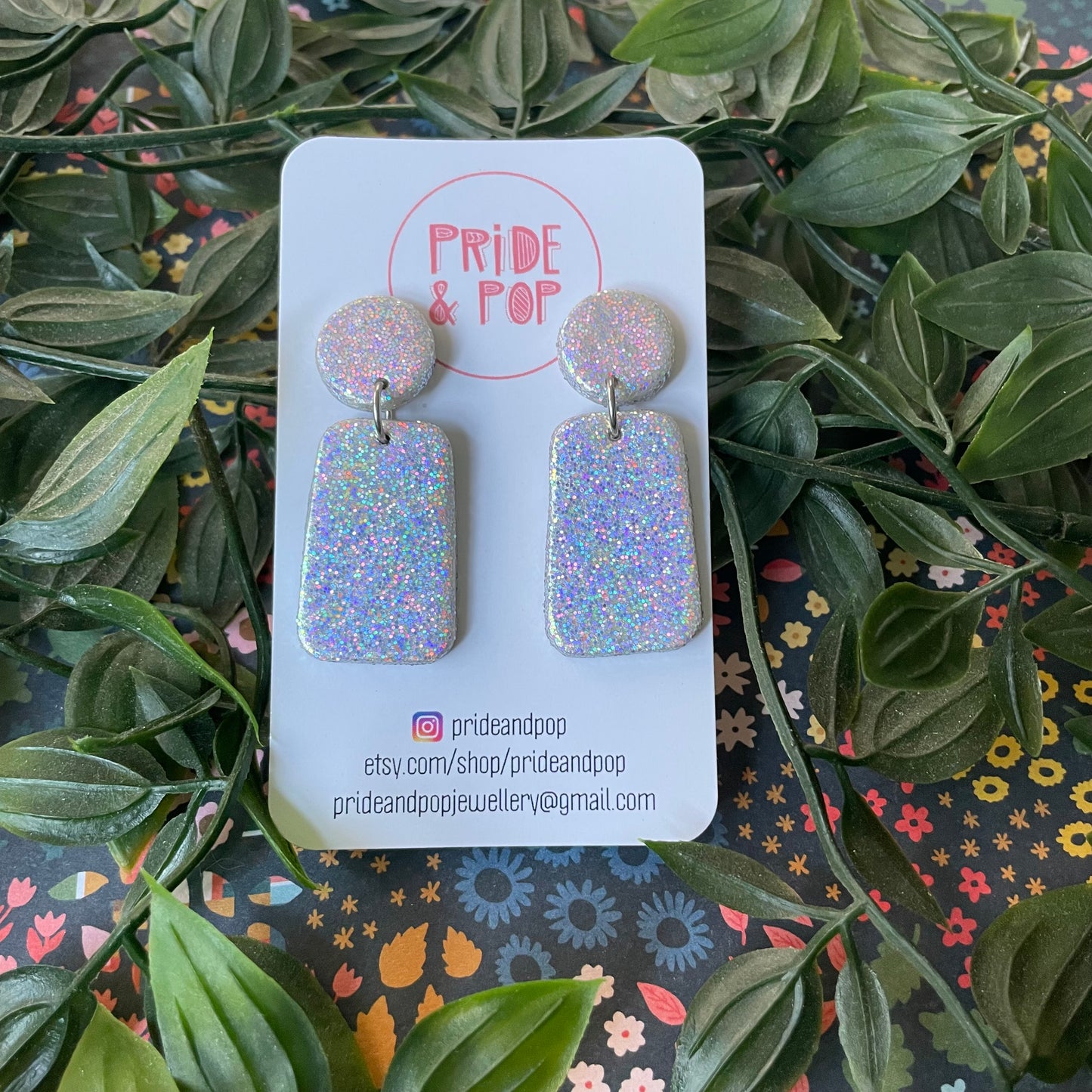 Silver Glitter Dangles with Rainbow Holographic Glitter