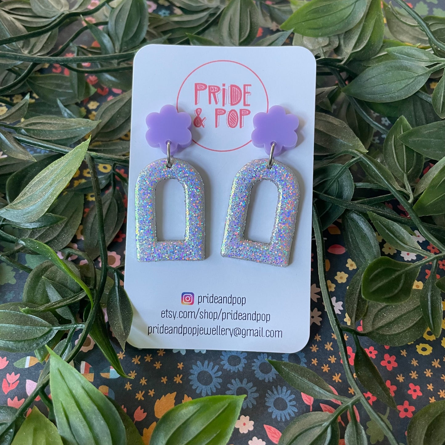 Silver Glitter Dangles with Rainbow Holographic Glitter