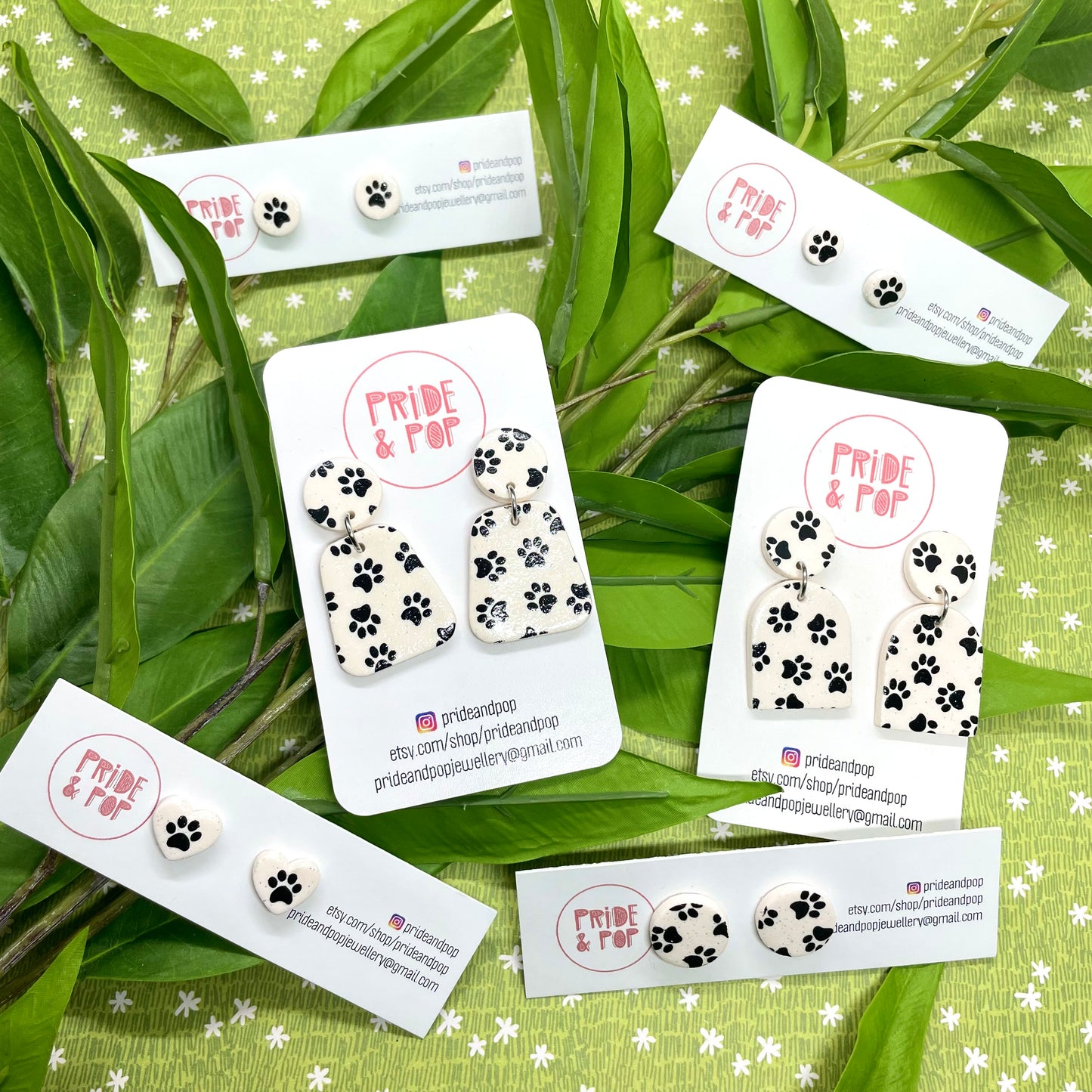 Black and White Glitter Paw Print Dangles and Studs