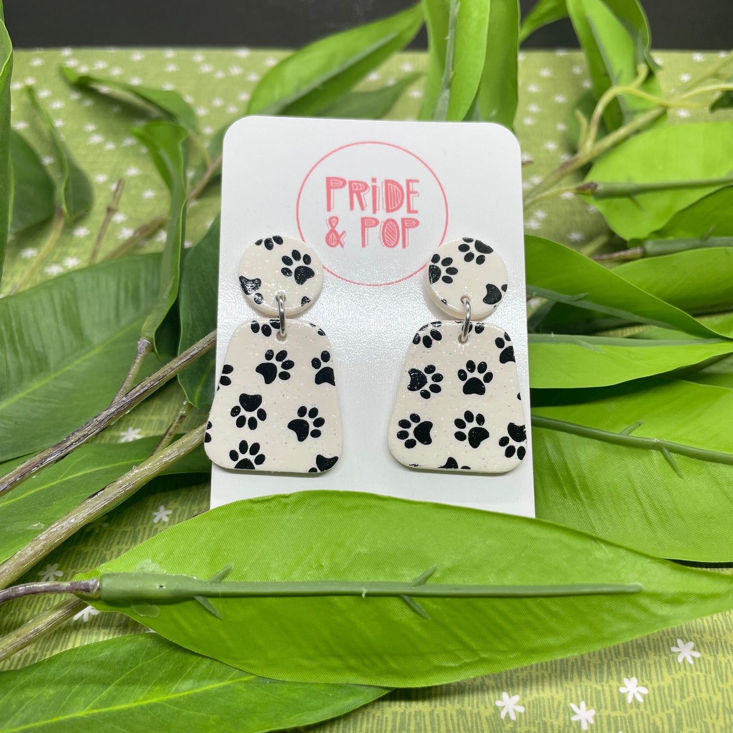 Black and White Glitter Paw Print Dangles and Studs