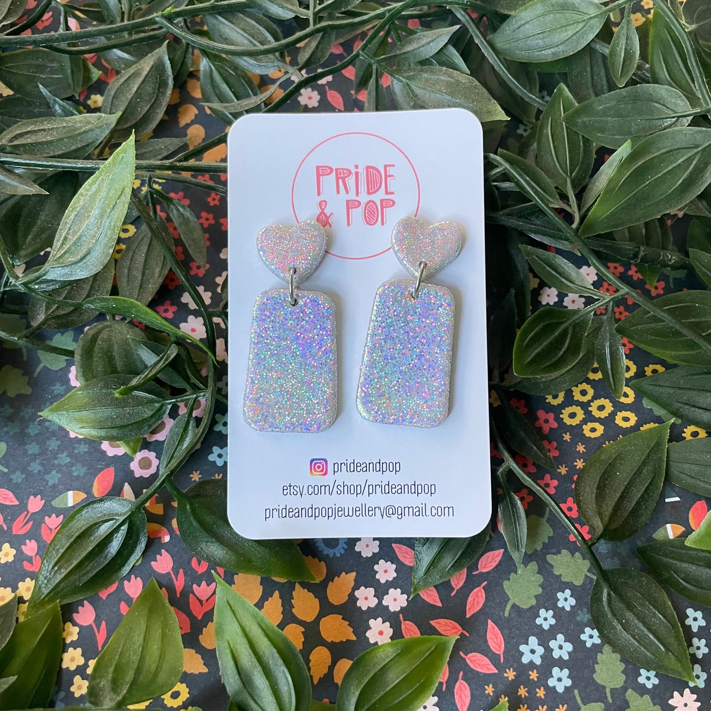 Silver Glitter Dangles with Rainbow Holographic Glitter