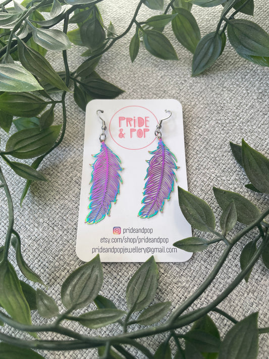 Rainbow Stainless Steel Feather Dangles