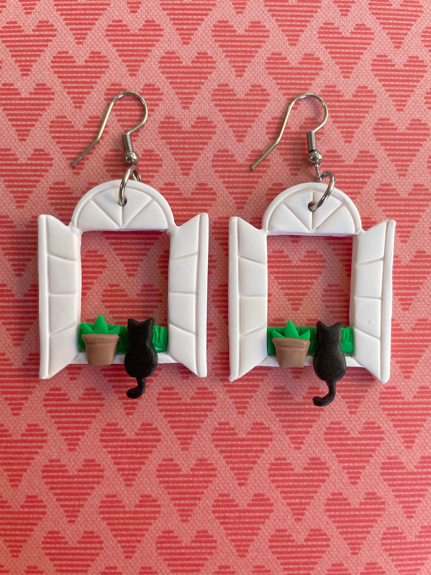 Black Cat in a Window Dangle Earrings